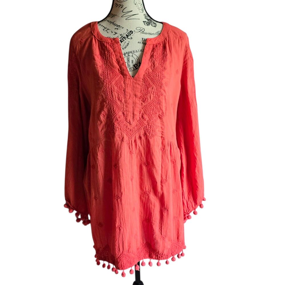 Sundance pom-pom embroidered orange boho cover-up dress XS